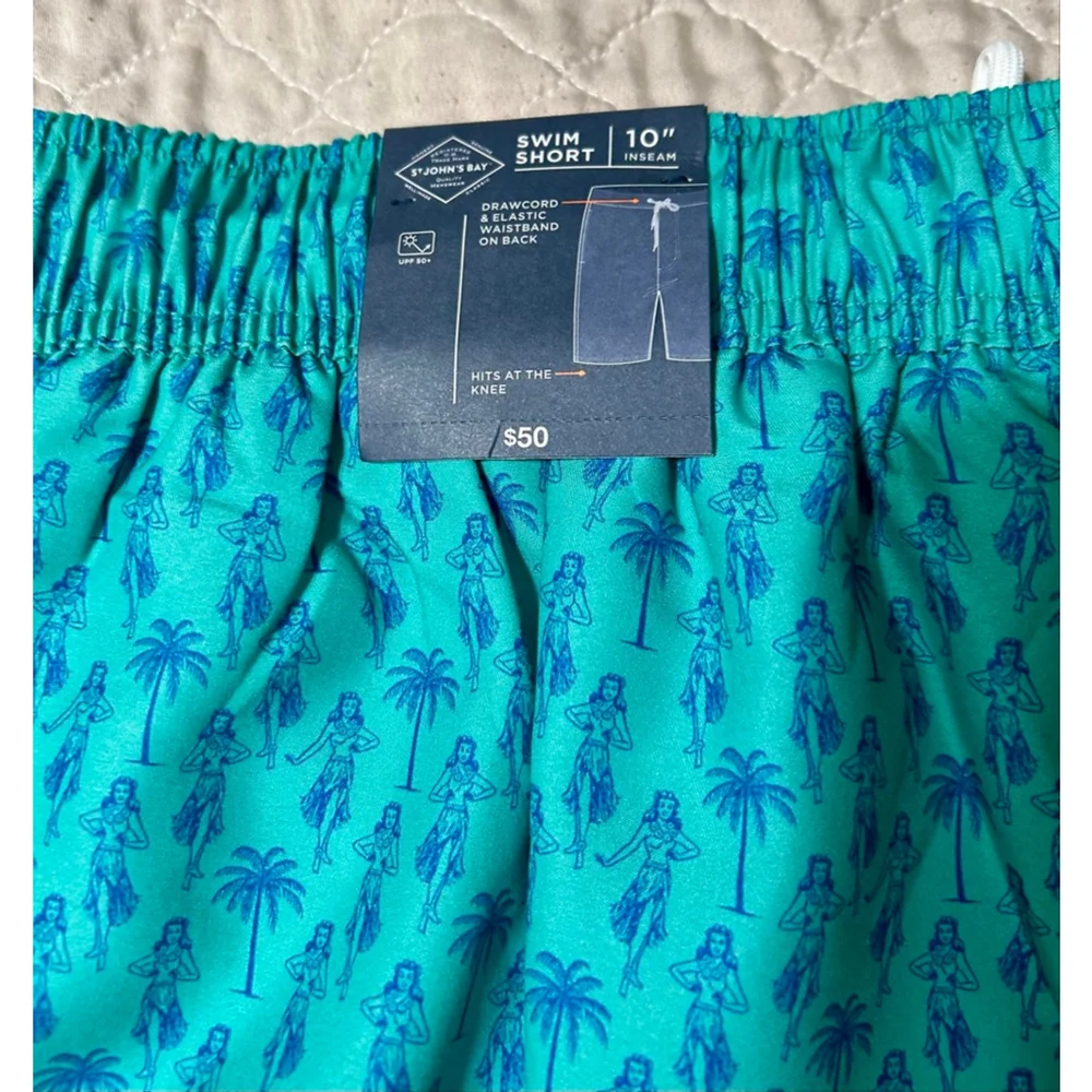 Men's St. John's Bay Swim Trunks 4XL Teal Blue Hula Palm Hawaiian Summer
